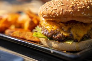Close up of a burger.